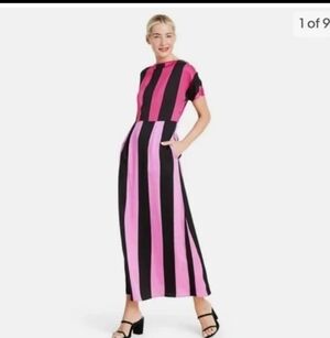 Christopher John Rogers Pink & Black Vertical-Strip Maxi Dress with Pockets